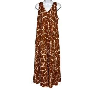 Vera Wang Linen Beachy Artsy V-Neck Lagenlook Brown Ivory Maxi Shift Dress XXL